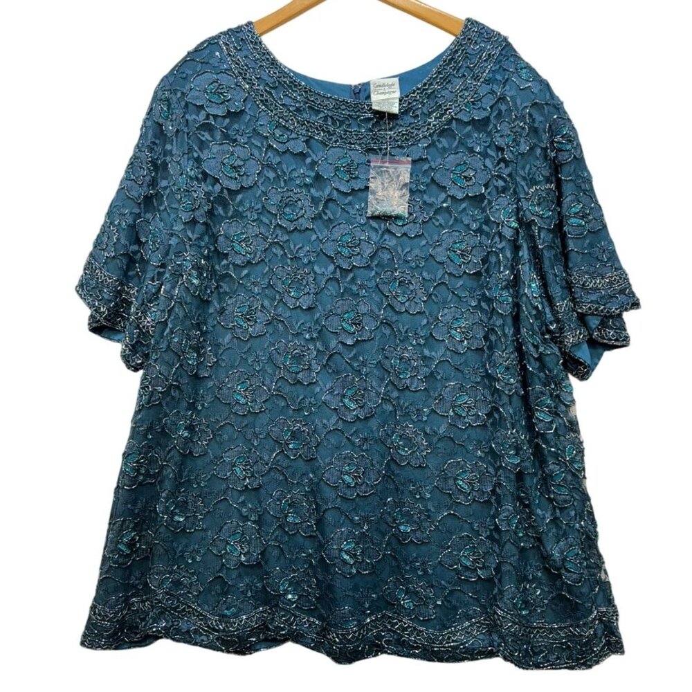 Candlelight & Champagne  Womens Beaded Lace Top Blouse Plus Size 30W Teal